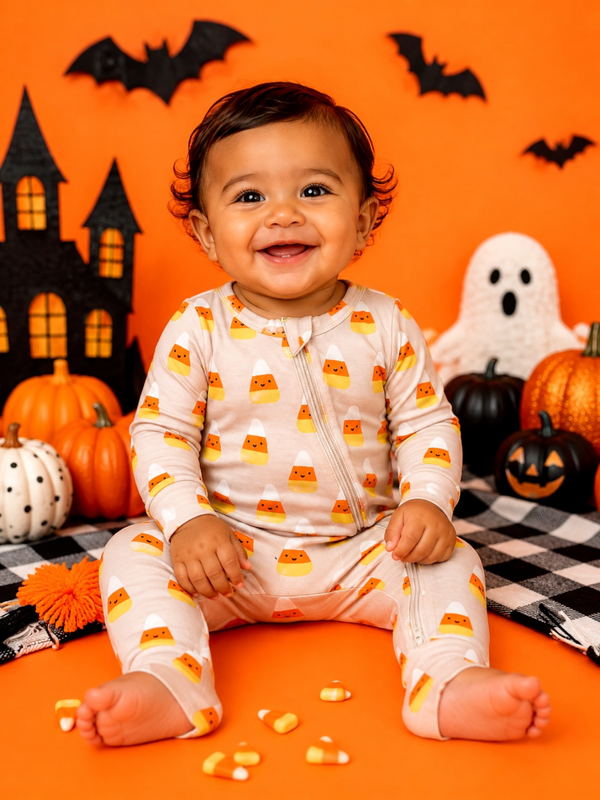 Smiling baby in candy corn pajamas surrounded by Halloween decorations on an orange background.