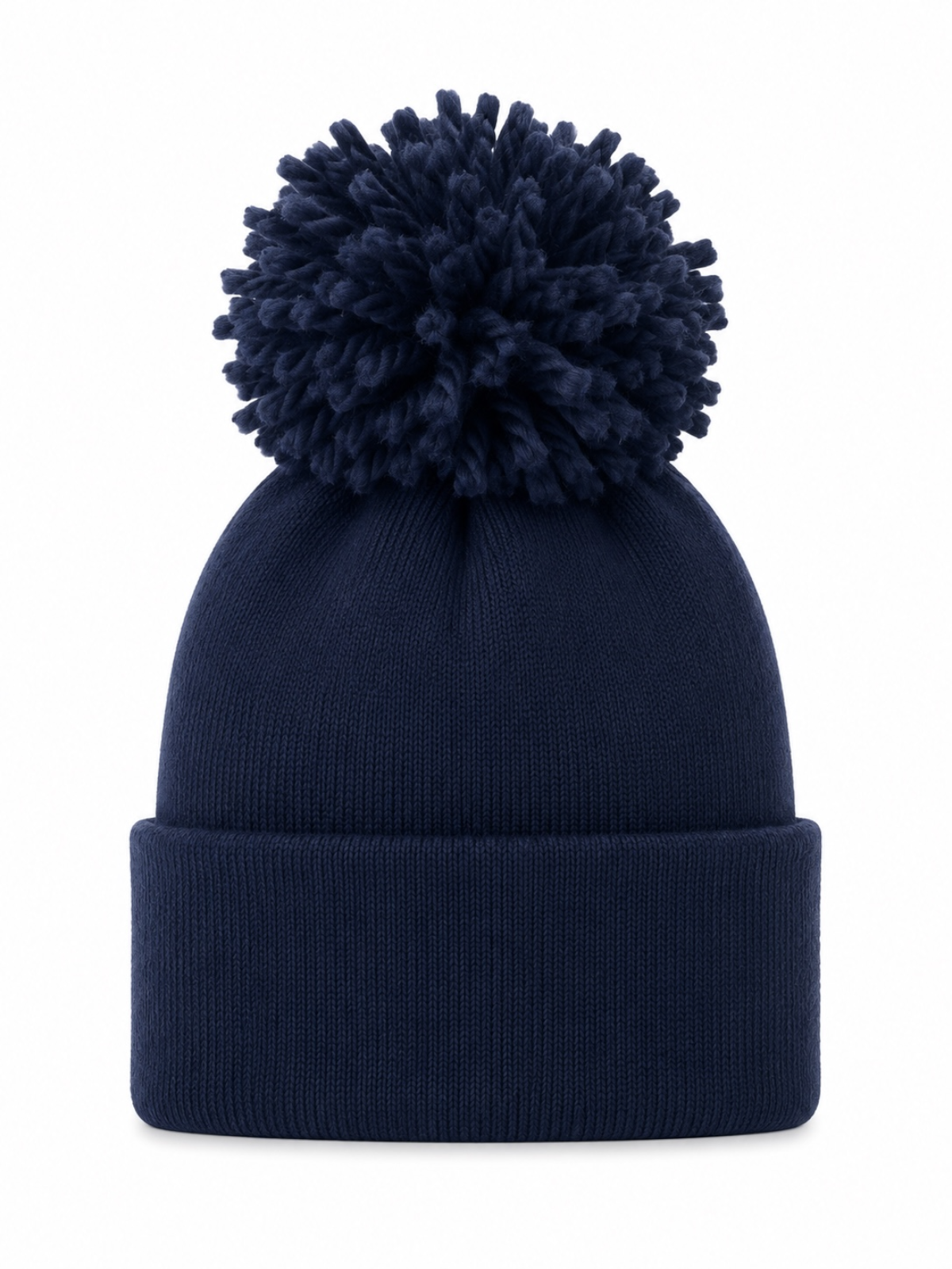 Navy knitted beanie with a large fluffy pom-pom on top and a folded brim.