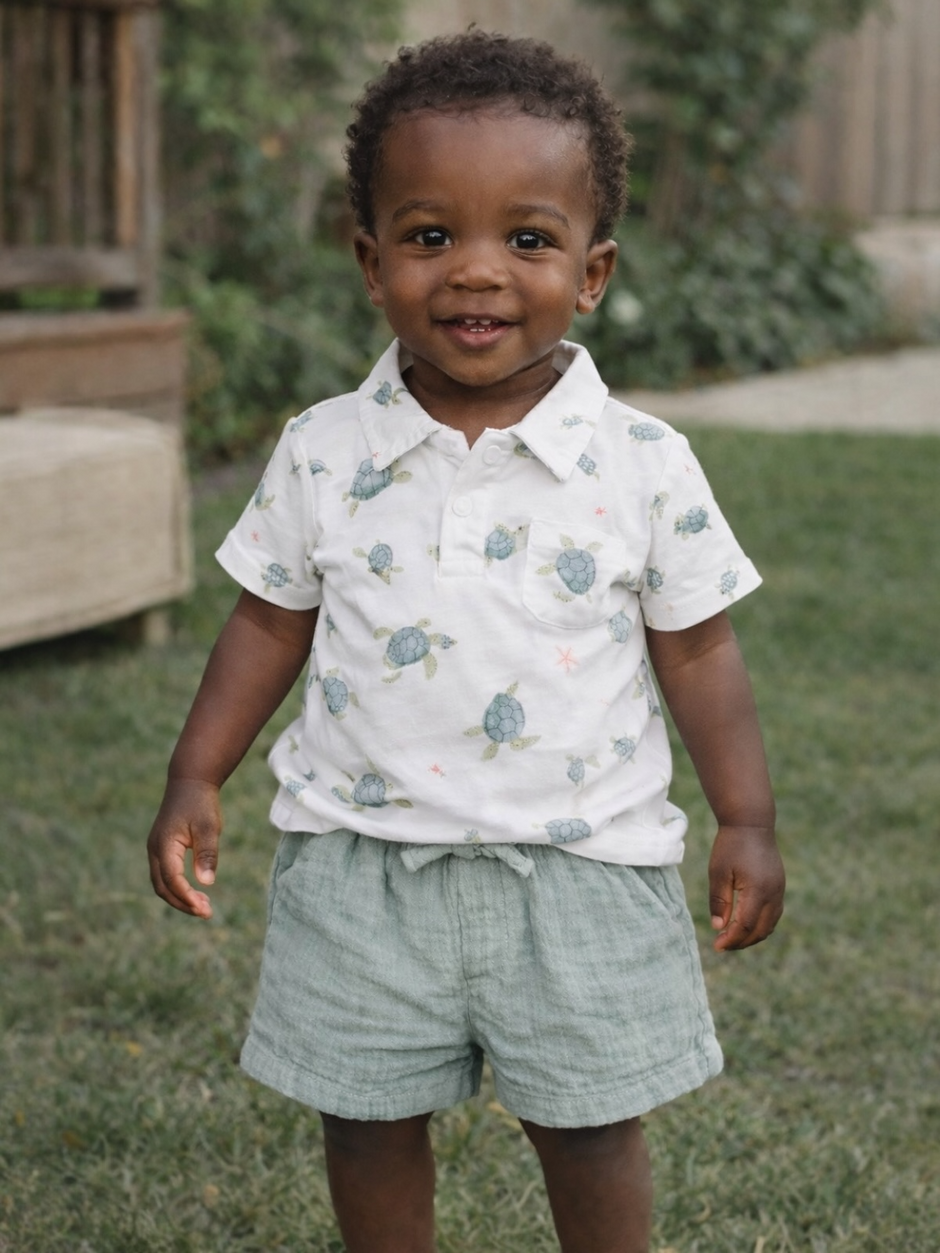 Smiling toddler in a turtle-patterned shirt and green shorts, standing on grass with a wooden backdrop.
