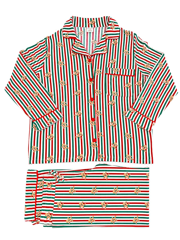 Red and green striped holiday pajamas with gingerbread man pattern, featuring a button-up top and matching pants.