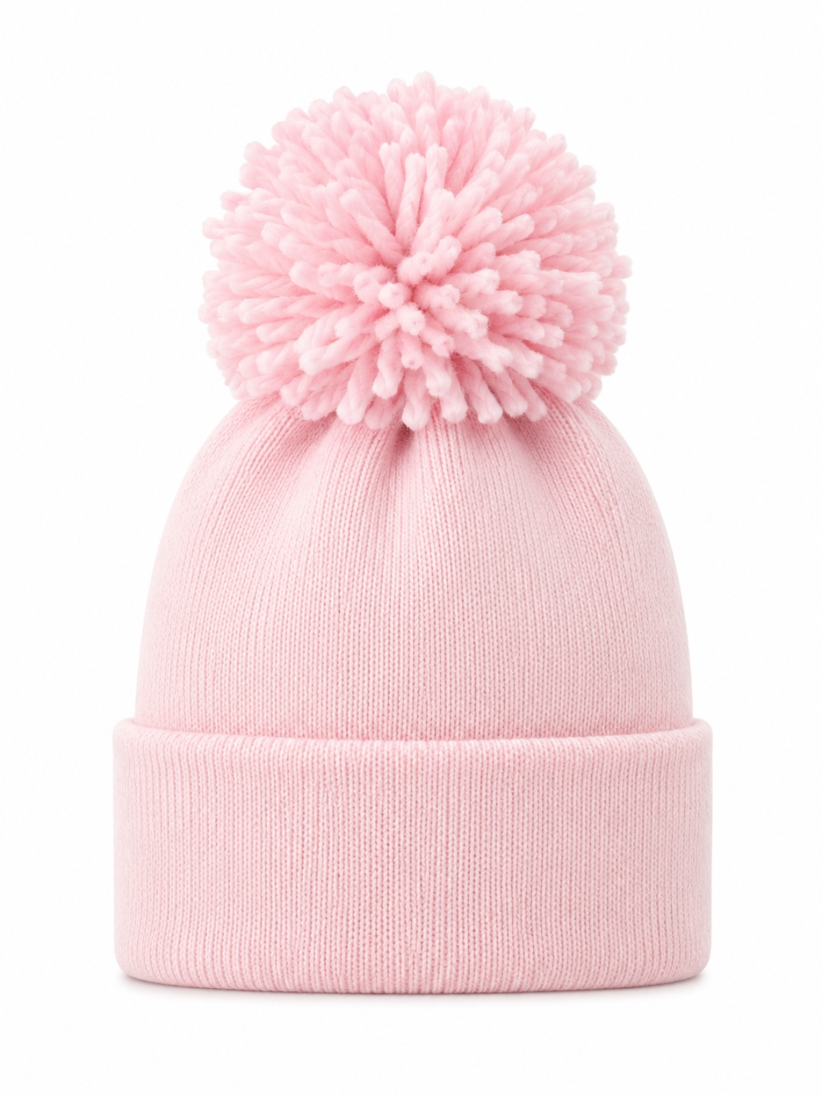 Pink knit beanie with a large pom-pom on top, featuring a folded cuff for style and warmth.