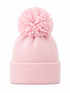 Pink knit beanie with a large pom-pom on top, featuring a folded cuff for style and warmth.