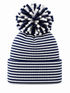 Navy and white striped beanie with a fluffy pom-pom on top.