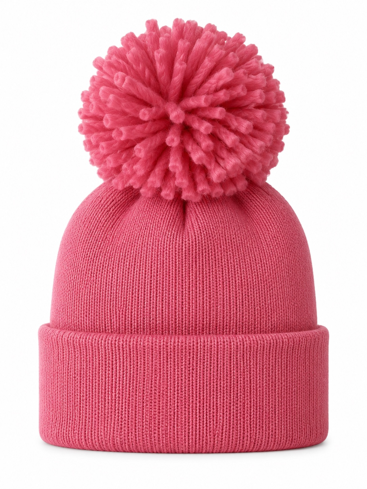 Pink knit beanie with a large pom-pom on top, perfect for winter wear or casual outings.