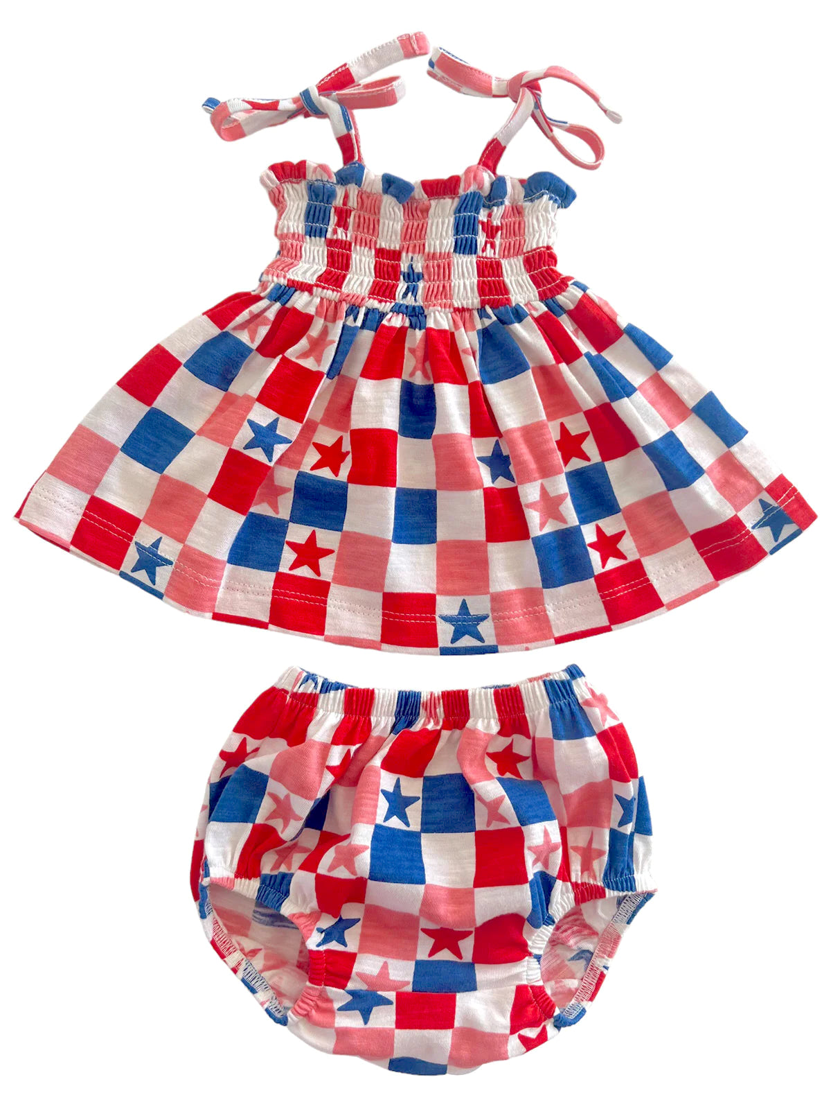 Red, white, and blue checkered dress with matching bloomer bottoms, ideal for summer wear.