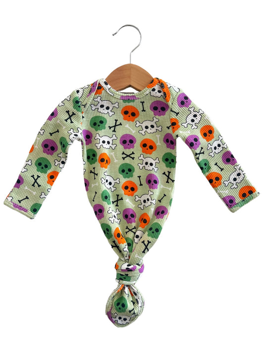 Organic Waffle Knotted Gown, Candy Skulls Green