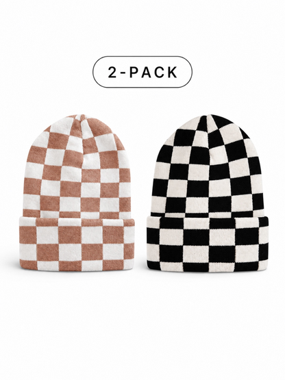 Two-pack of checkered beanies in brown and black, featuring a stylish folded design.