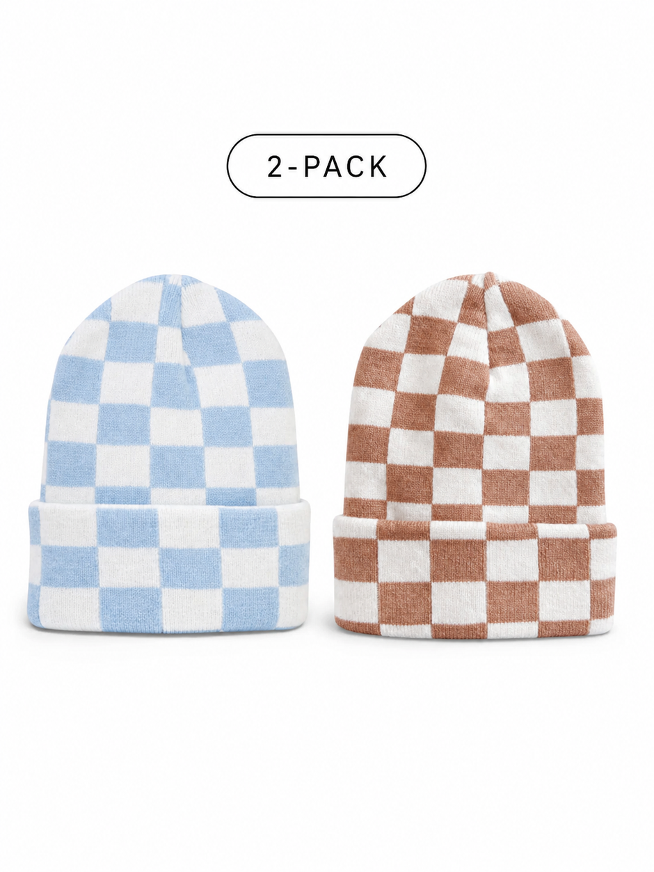 2-Pack Baby's First Hat®, Tan/Baby Blue & Warm White Checkerboard