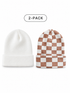 Two beanies: one solid white and one brown and white checkered, labeled as a 2-pack.
