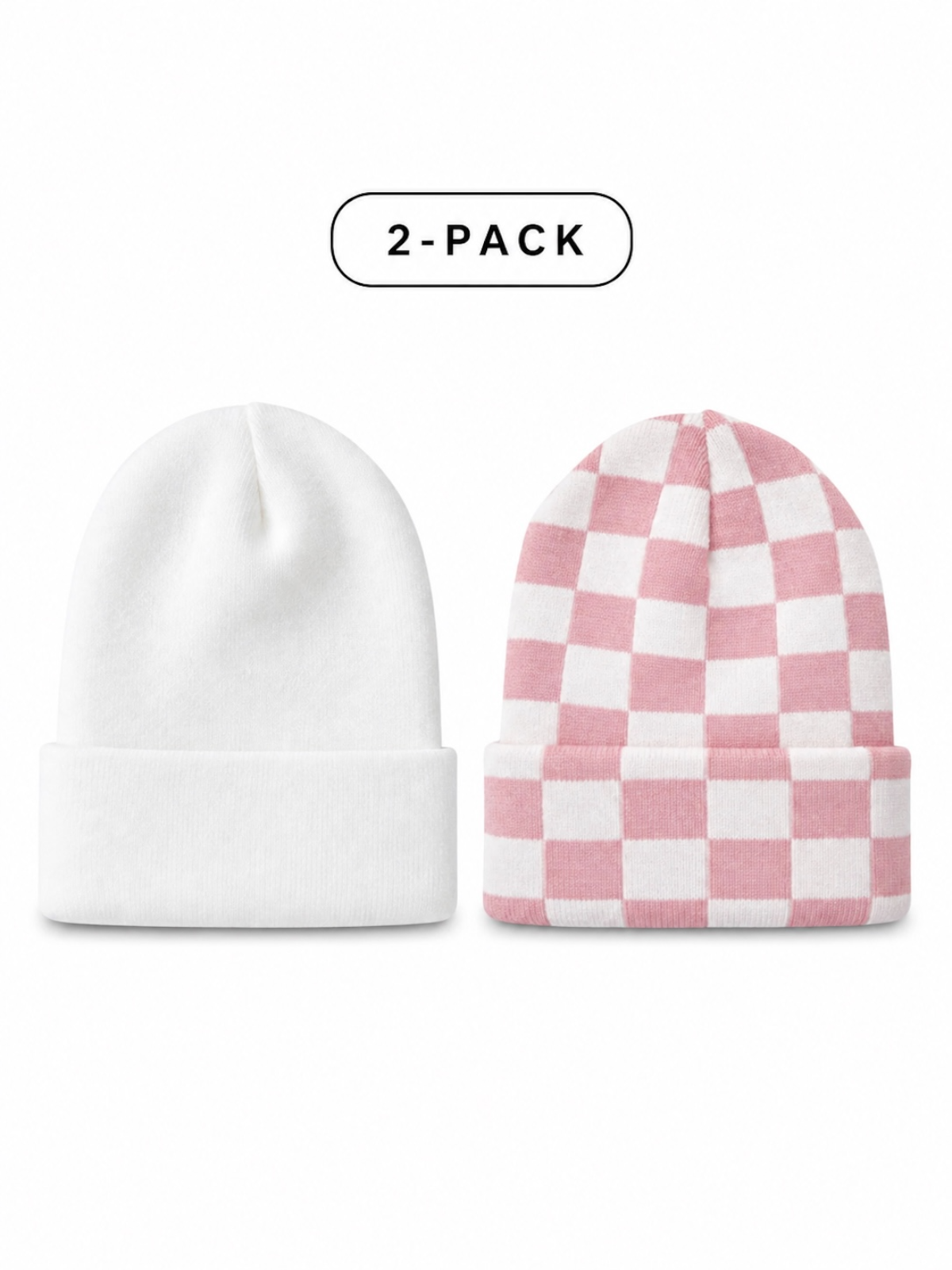 Two-pack of beanies: one solid white and one pink with a checkerboard pattern.