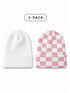 Two-pack of beanies: one solid white and one pink with a checkerboard pattern.