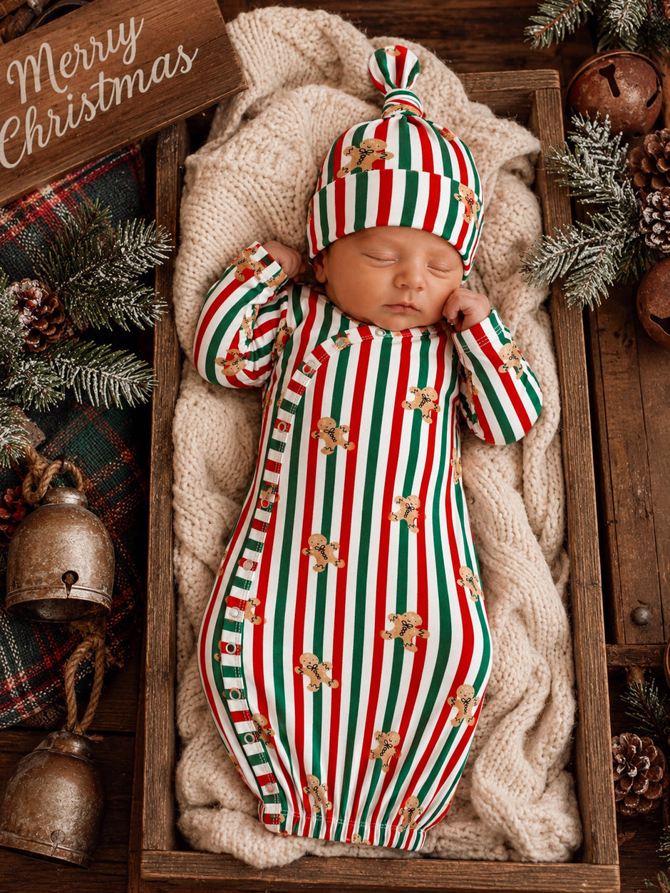 Sleeping baby in festive striped pajamas with gingerbread designs, nestled in a cozy blanket in a wooden crate.