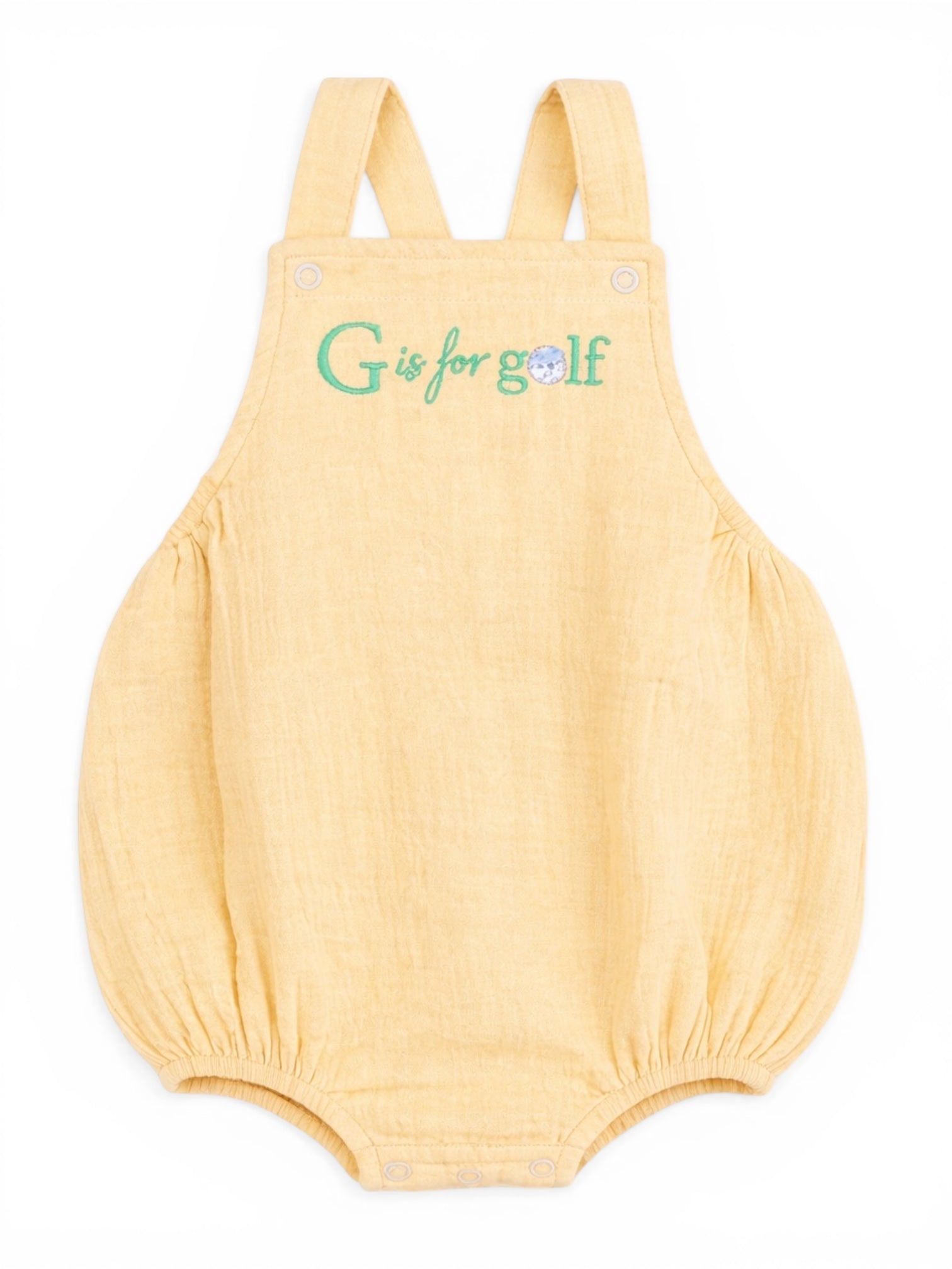 Yellow baby romper with "G is for golf" embroidery on the front and snap closure at the bottom.