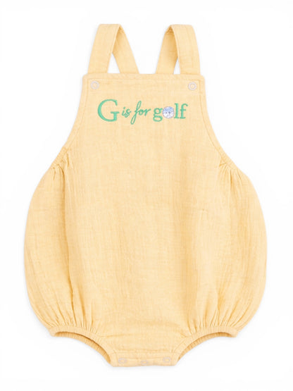 Yellow baby romper with "G is for golf" embroidery on the front and snap closure at the bottom.