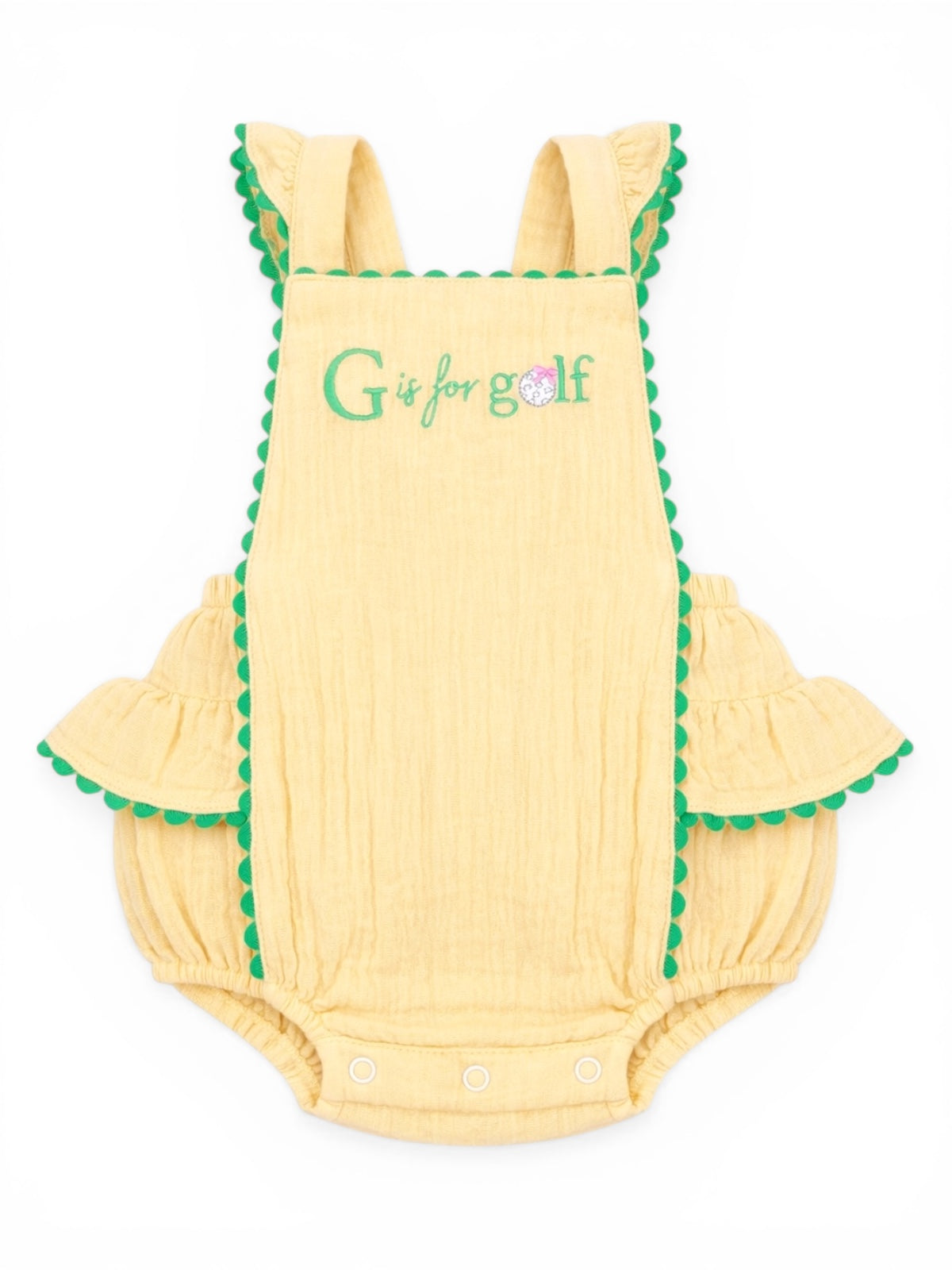 Yellow baby romper with green scalloped trim, featuring "G is for golf" embroidery. Cute and playful design.