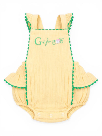 Yellow baby romper with green scalloped trim, featuring "G is for golf" embroidery. Cute and playful design.