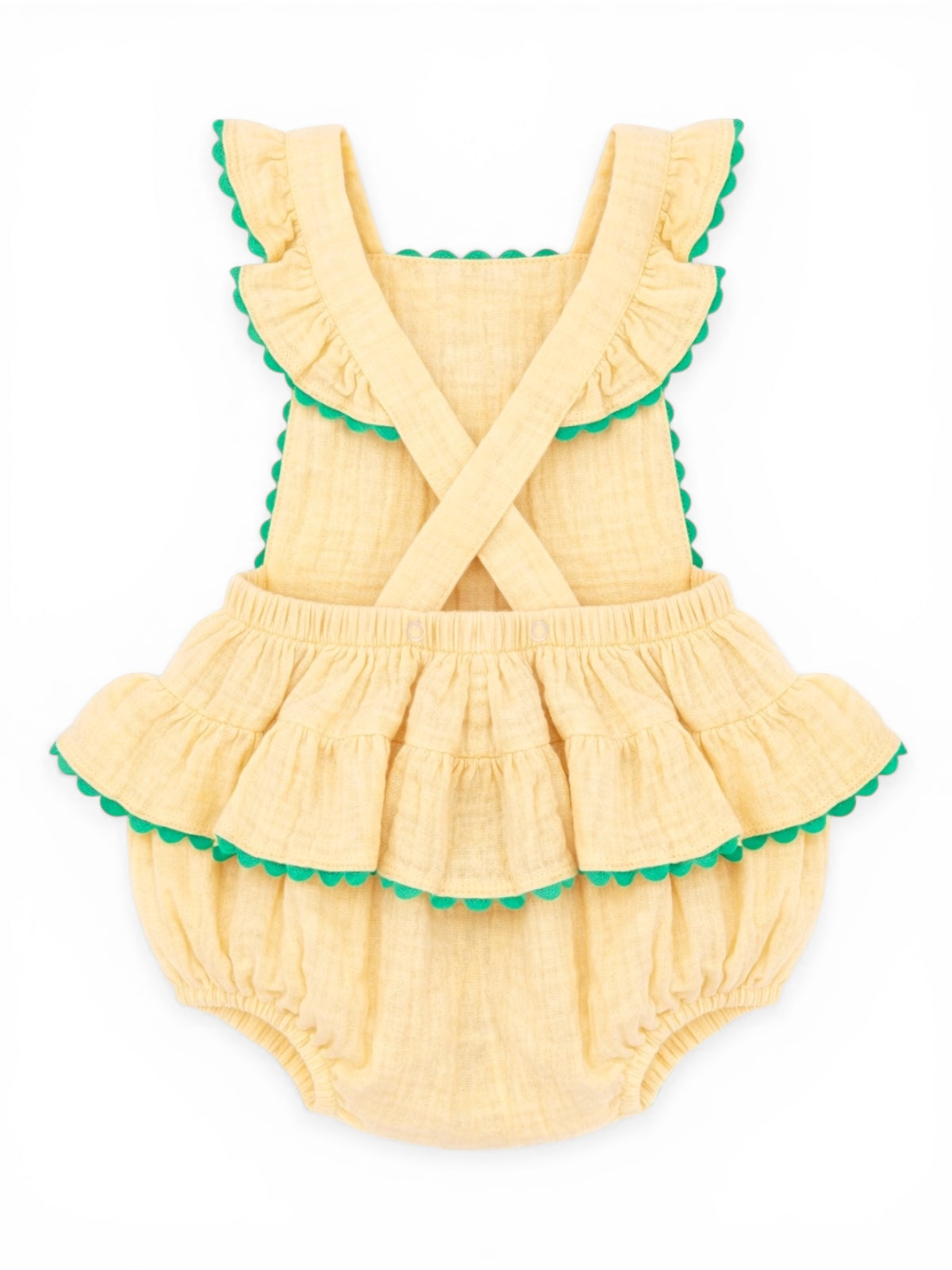 Yellow ruffled baby romper with green scalloped trim, featuring cross-back straps and a layered skirt design.