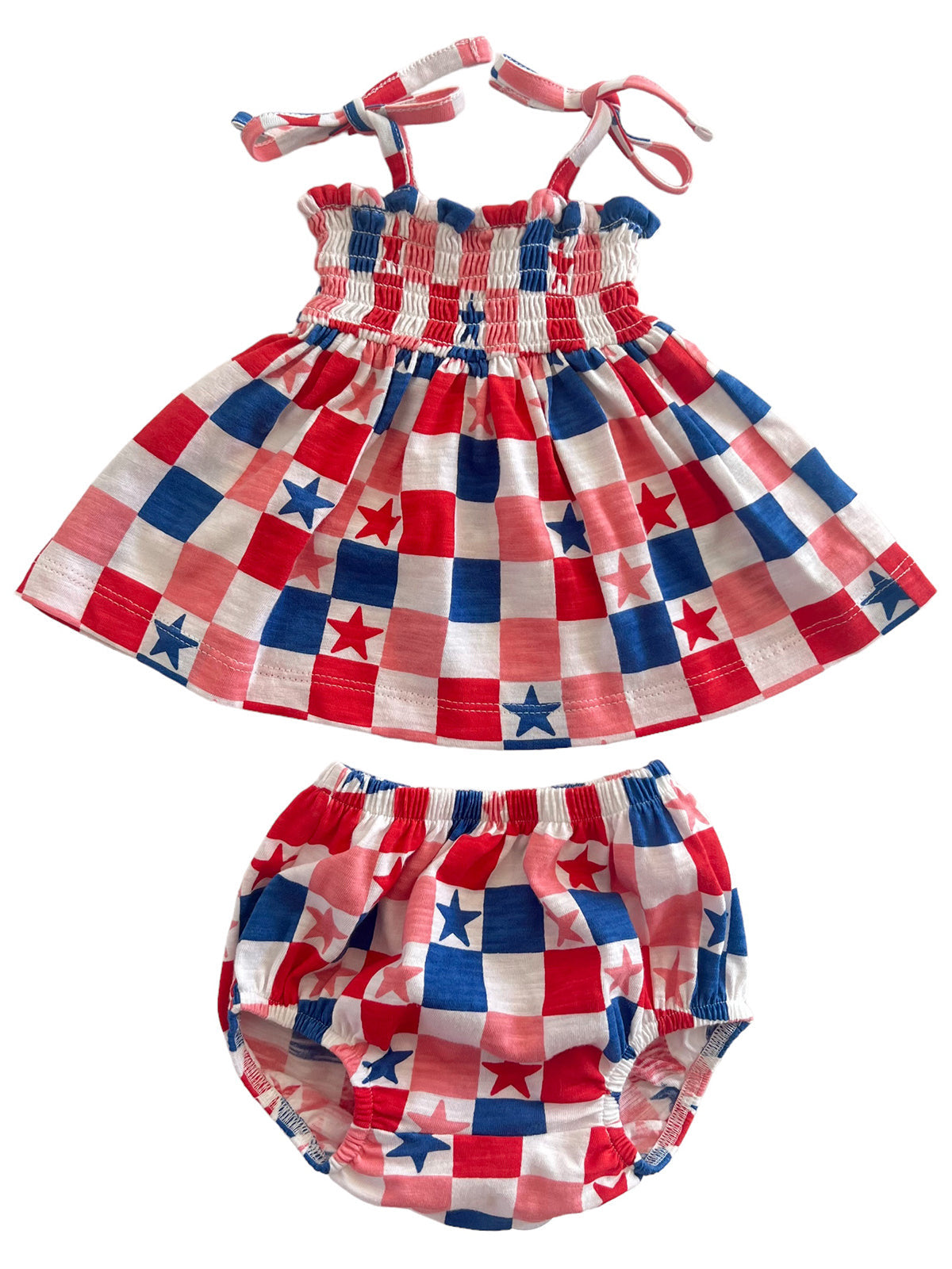 Red, white, and blue checkered dress with matching bloomers, featuring star patterns, suitable for young children.