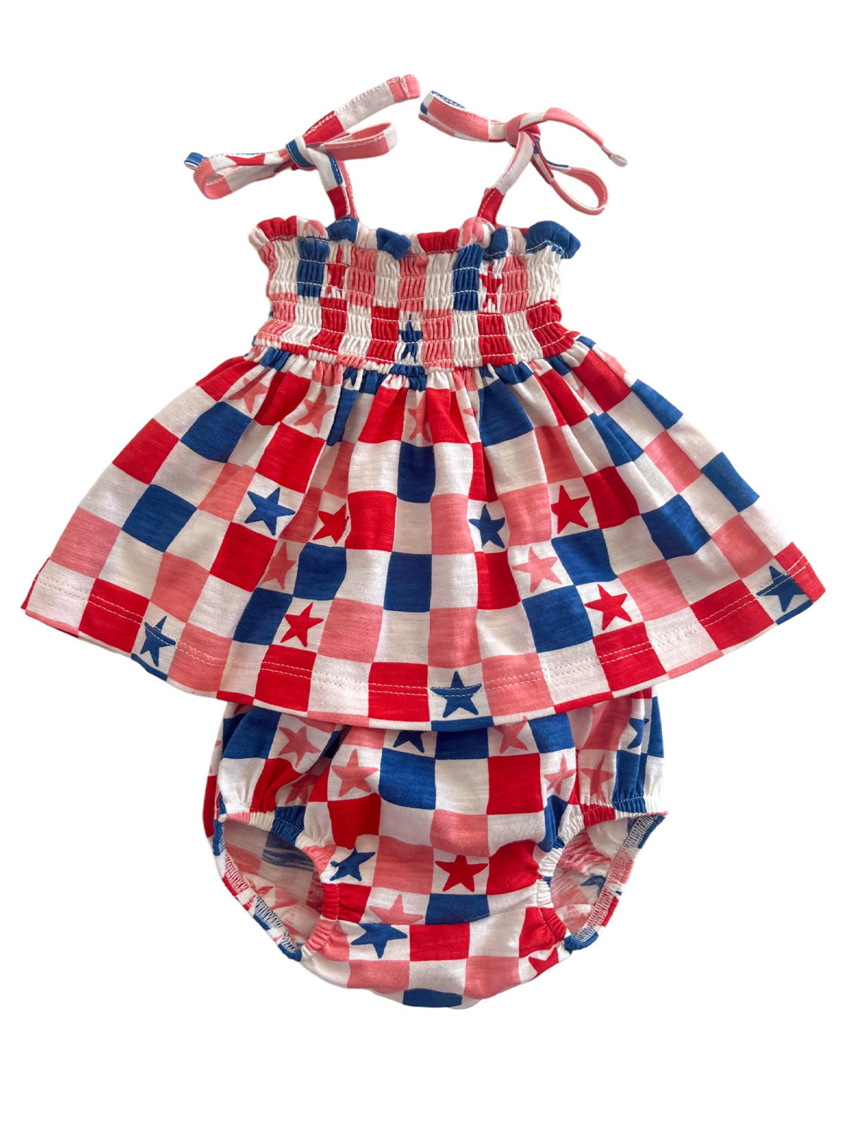 Red, white, and blue checkered dress with star patterns, featuring adjustable straps and a matching diaper cover.