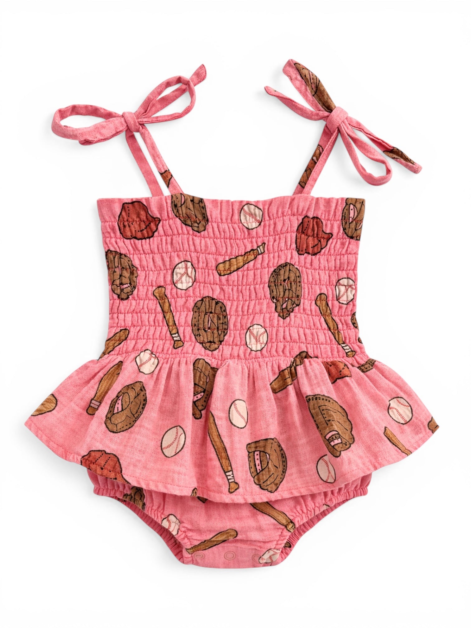 Pink儿童泳衣，带绑带，印有棒球手套和棒球图案。