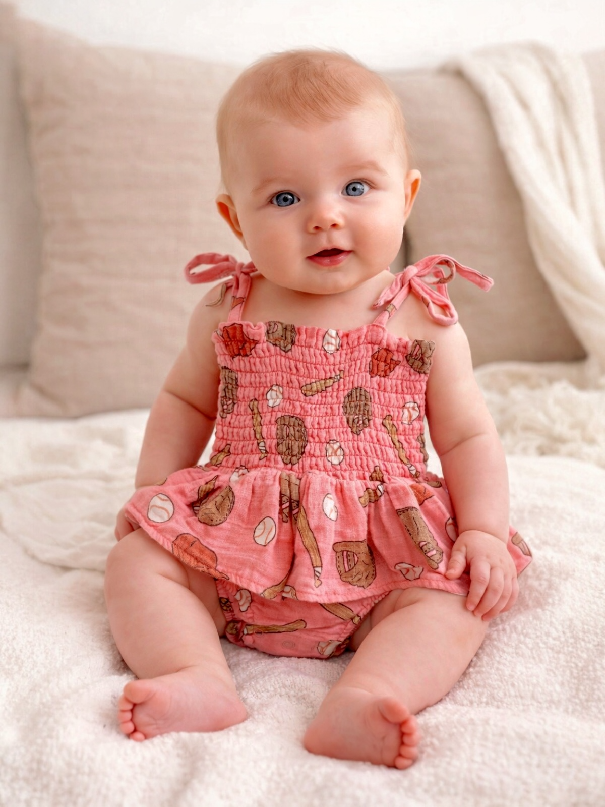 Smiling baby wearing a pink dress with playful patterns, sitting on a soft blanket in a cozy setting.