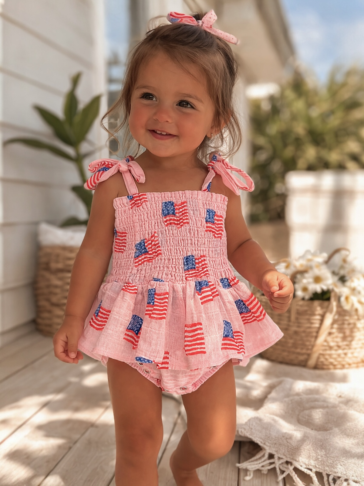Smiling toddler in a pink outfit with American flags, standing on a porch with greenery and flowers in the background.