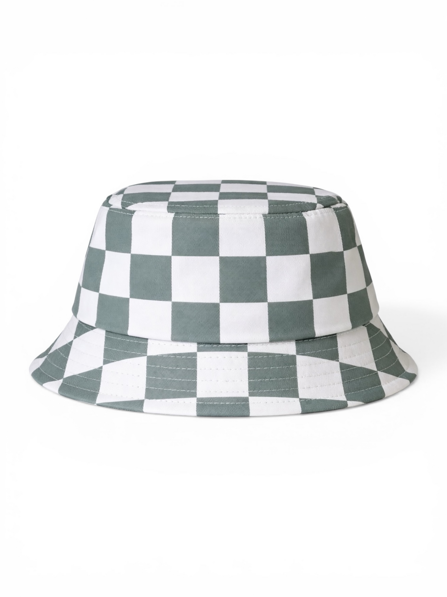 Green and white checkered bucket hat with a wide brim on a white background.