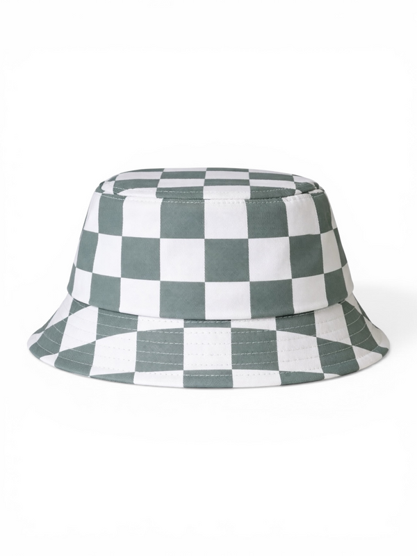 Green and white checkered bucket hat with a wide brim on a white background.