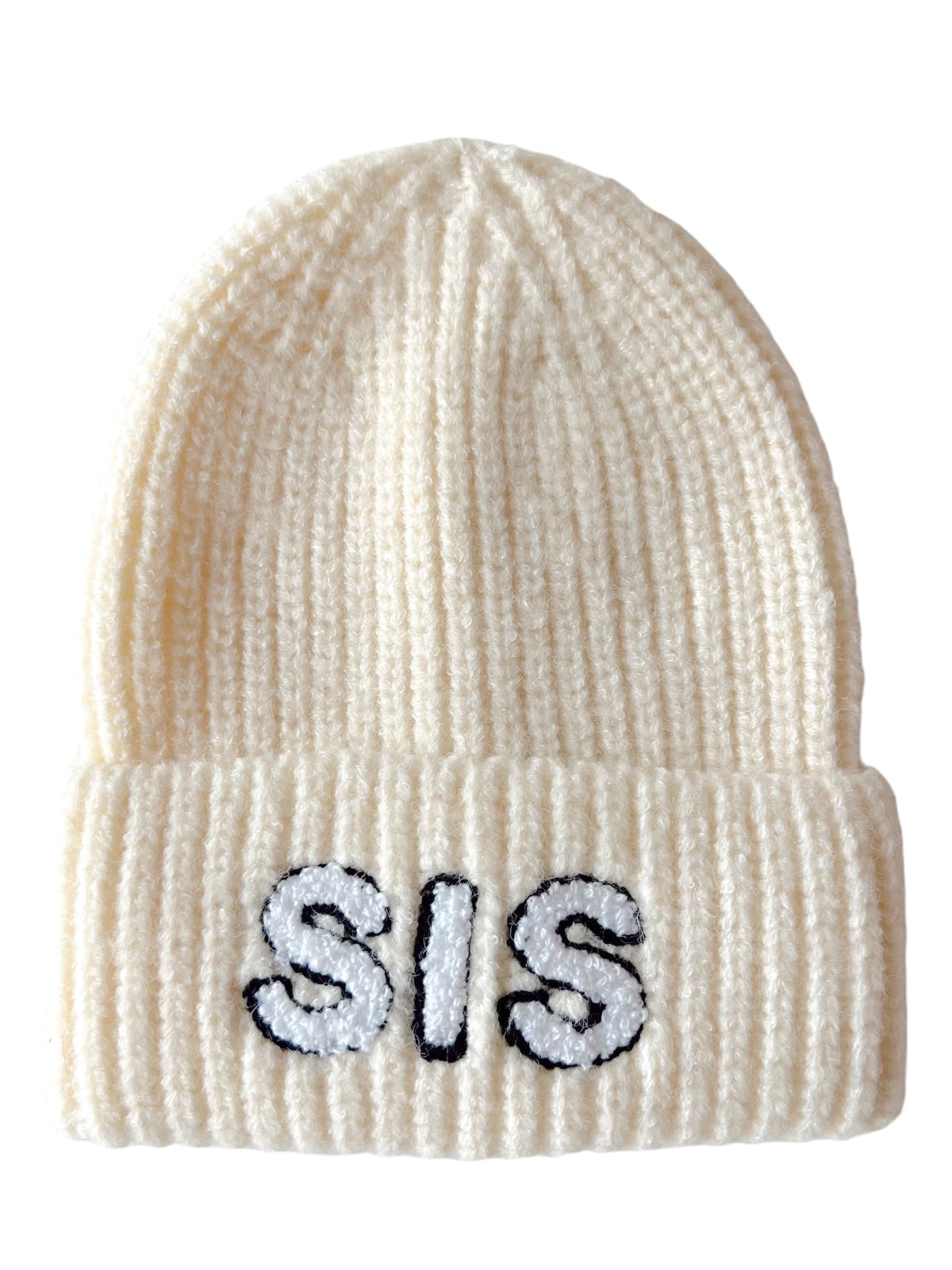 Cream-colored beanie hat with "SIS" embroidered in black and white on the front.