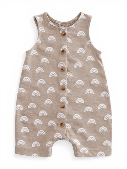 Tan romper decorated with white rainbows and wooden buttons down the front. Ideal for infants and toddlers.