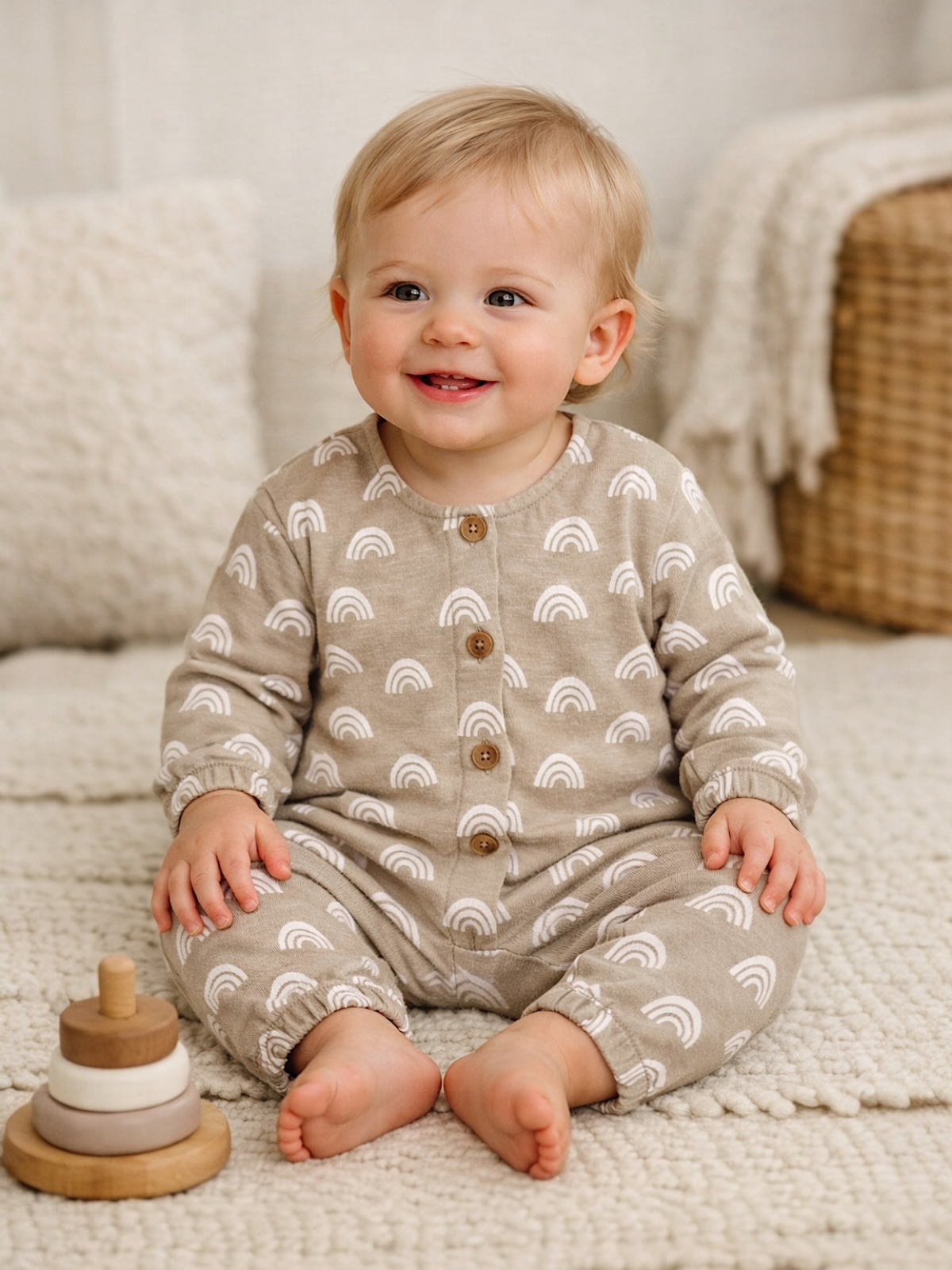 Smiling toddler in a rainbow-patterned onesie sits on a cozy blanket next to a stacking toy.