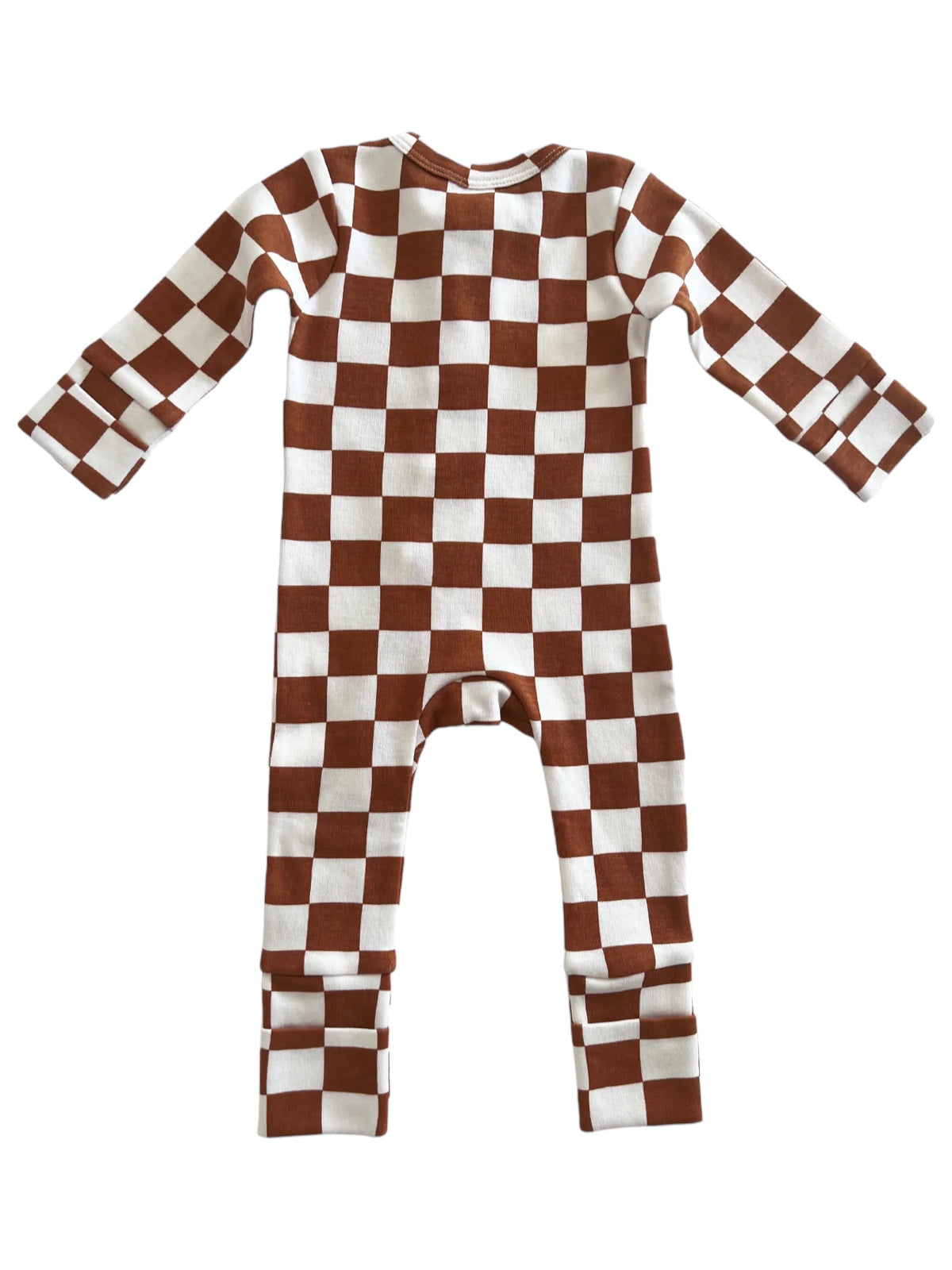 Brown and white checkered long-sleeve children's onesie laid flat on a white background.