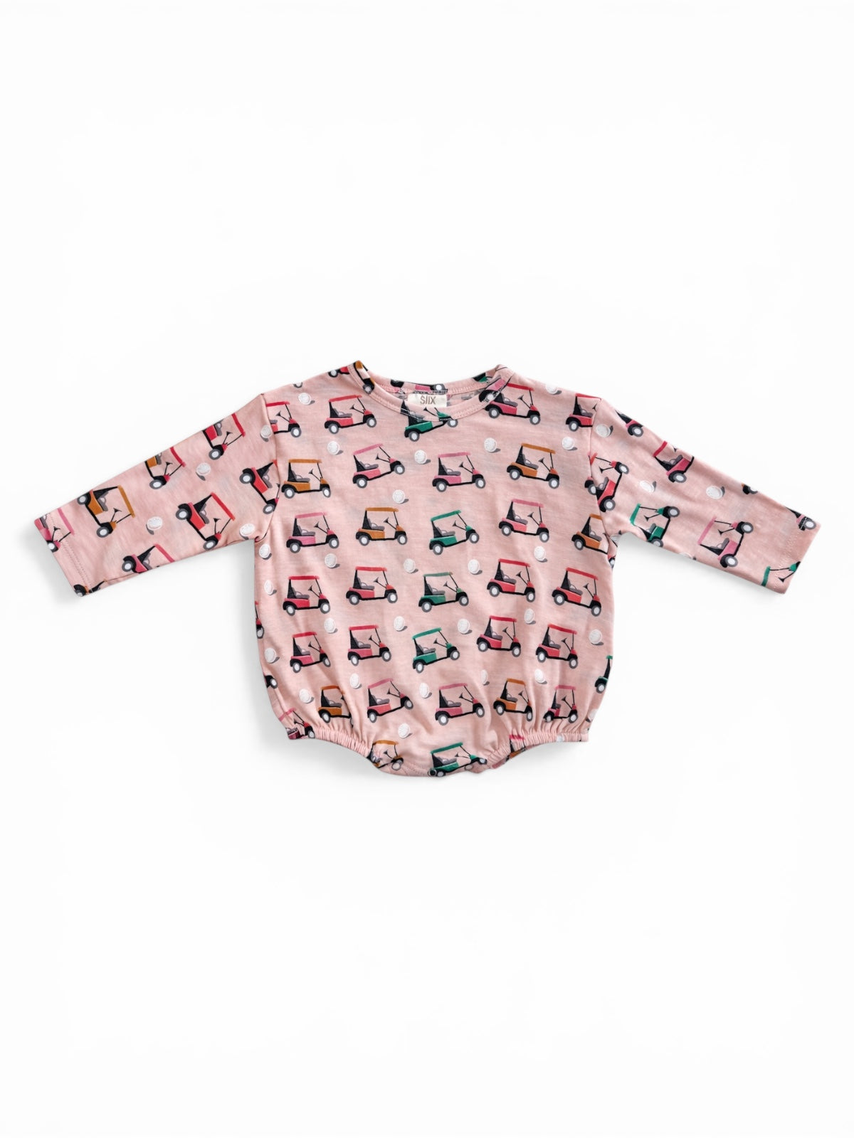 Pink long-sleeve baby romper with colorful vintage car pattern on a white background.