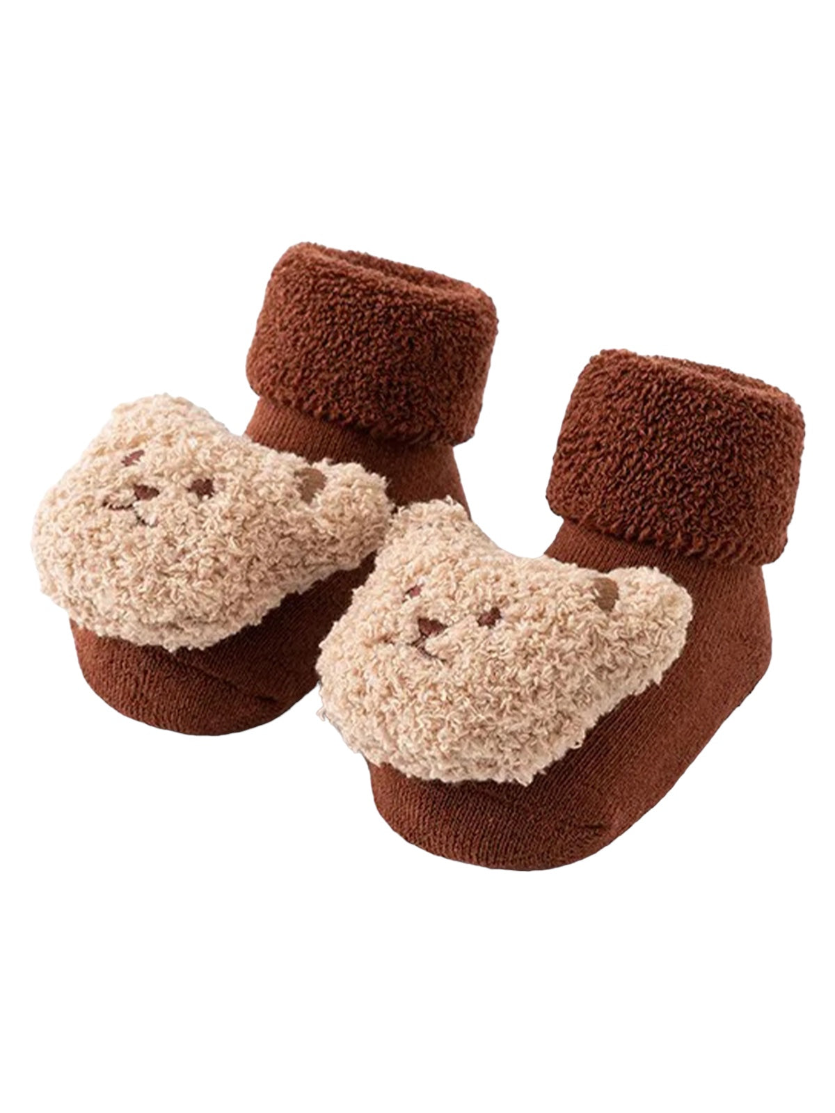 Soft brown baby booties with a teddy bear face design, featuring a fluffy texture and elastic ankle support.