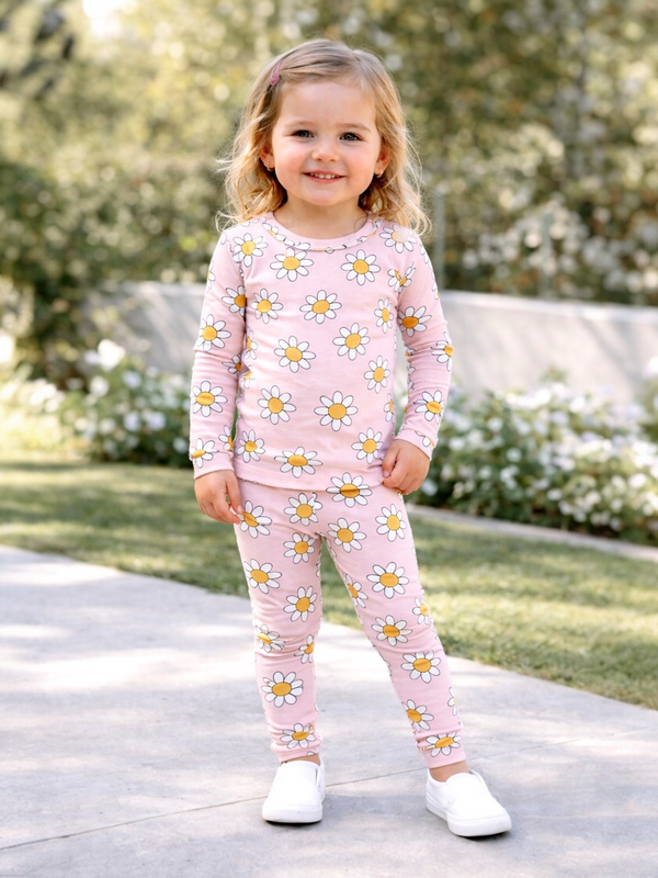 Smiling young girl in pink flower-printed outfit stands outdoors, surrounded by greenery.