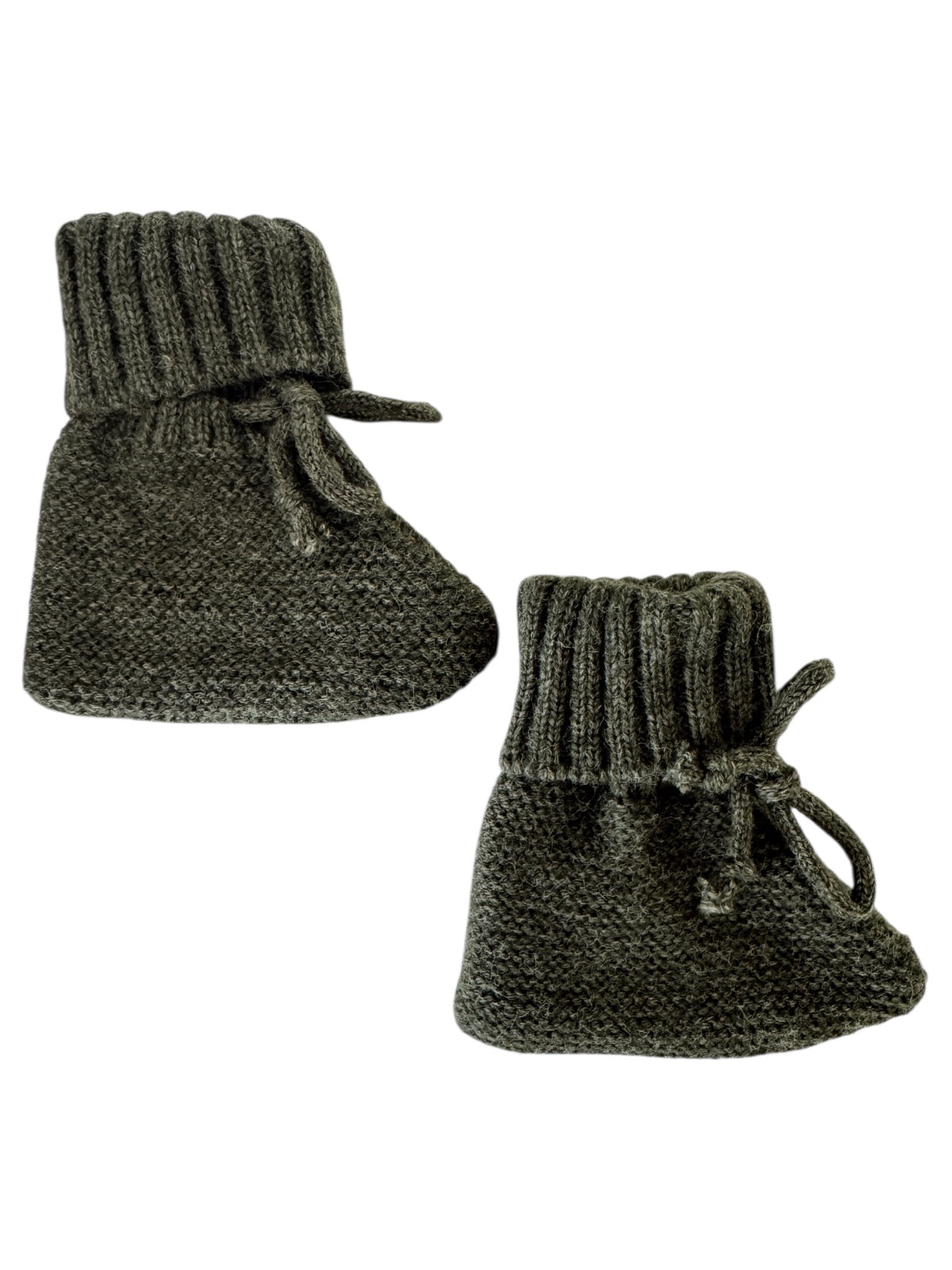 Pair of soft, dark gray knitted baby booties with a ribbed cuff and bow detail.