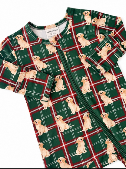 Green and red plaid baby outfit featuring playful golden retriever prints. Suitable for infants 0-3 months.