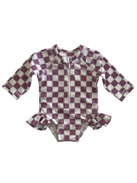 Berry Cheesecake Checkerboard / Skipper Rashguard Swimsuit / UPF 50+