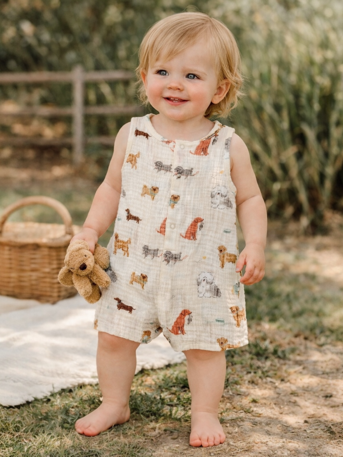 A happy toddler in a dog-patterned romper holding a teddy bear, standing on grass near a picnic setting.