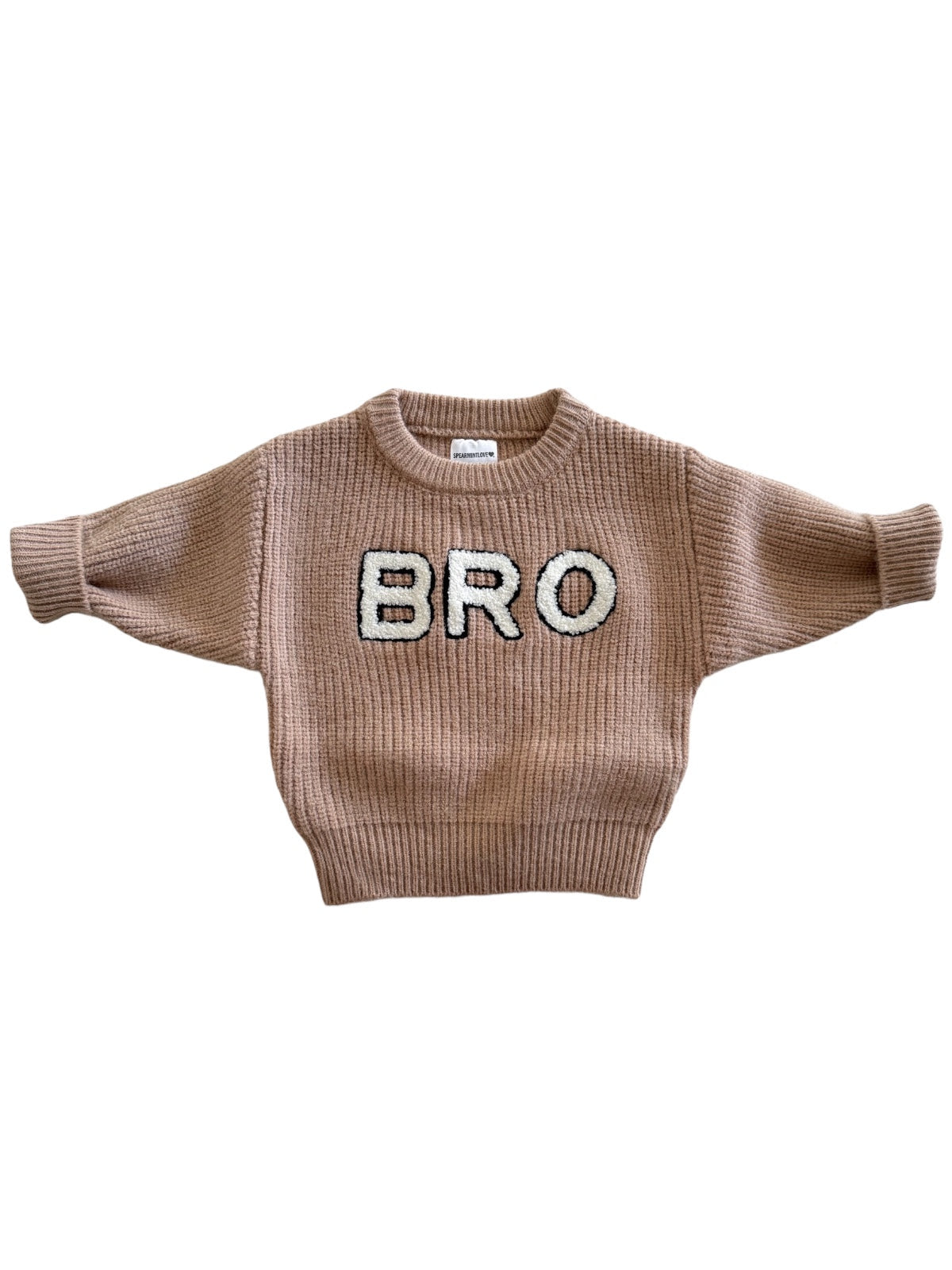 Tan knitted sweater with the word "BRO" in bold letters across the front.