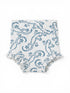 White diaper cover with blue lizard pattern and ruffled edges. Suitable for babies and toddlers.
