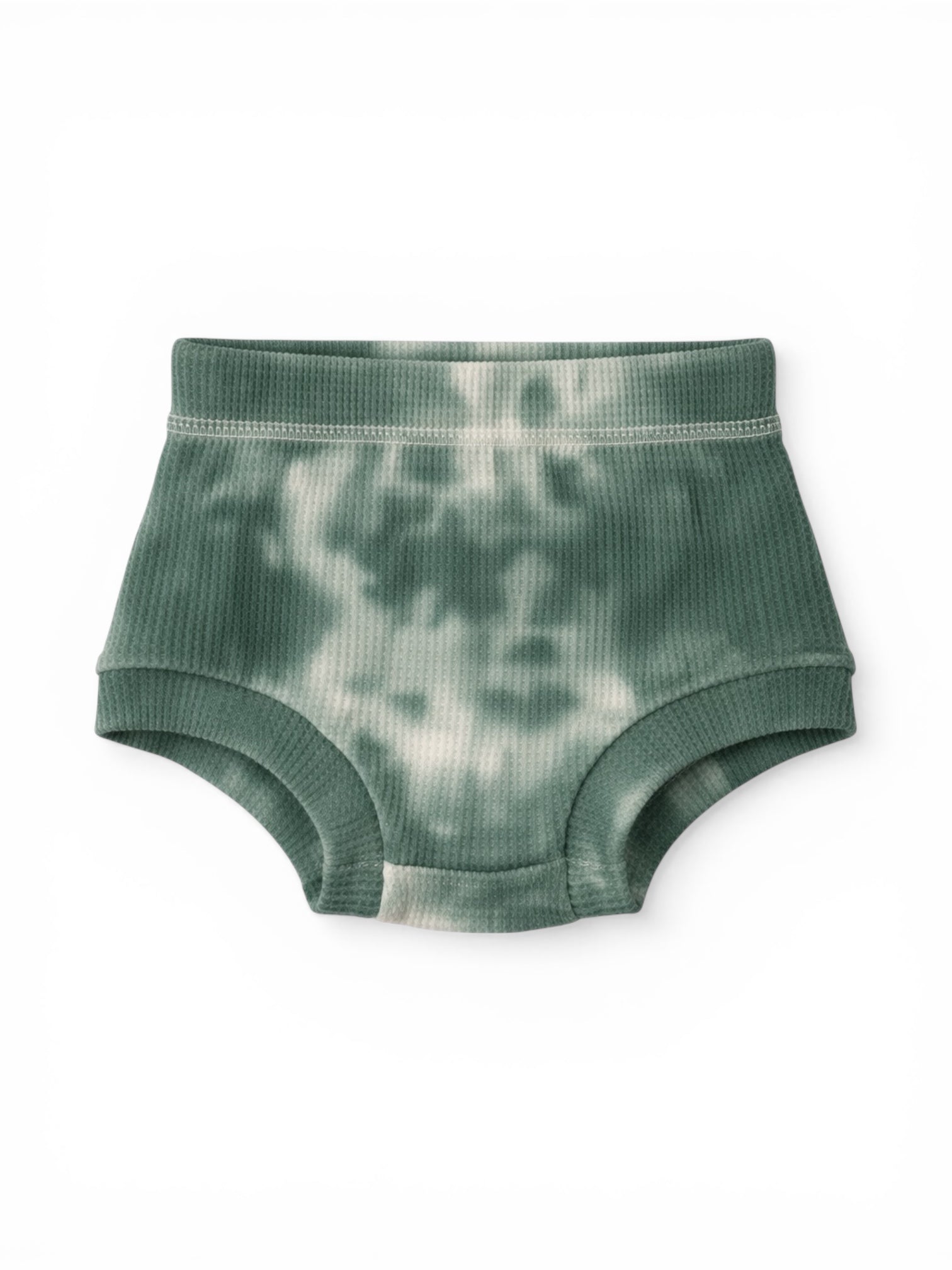 Green tie-dye baby shorts on a white background. Soft ribbed texture, classic design for comfort.