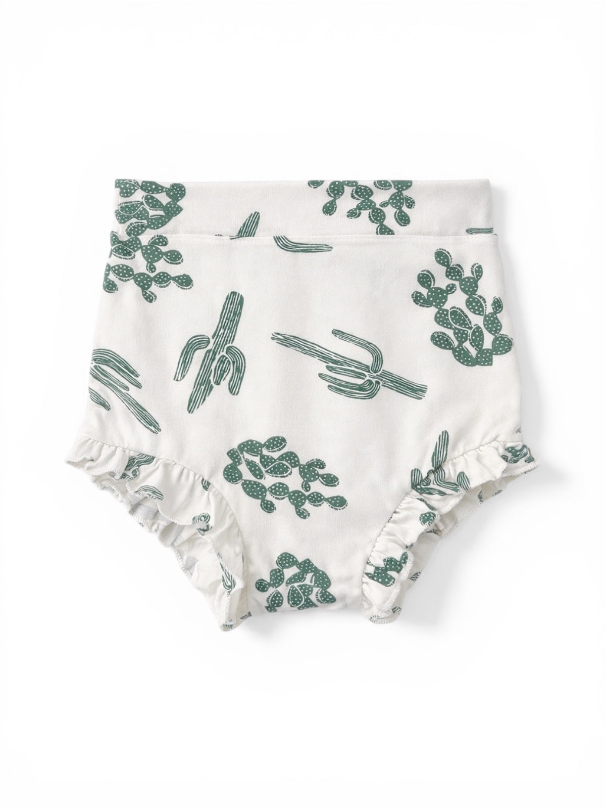 White fabric diaper cover with green cactus patterns and ruffled edges.