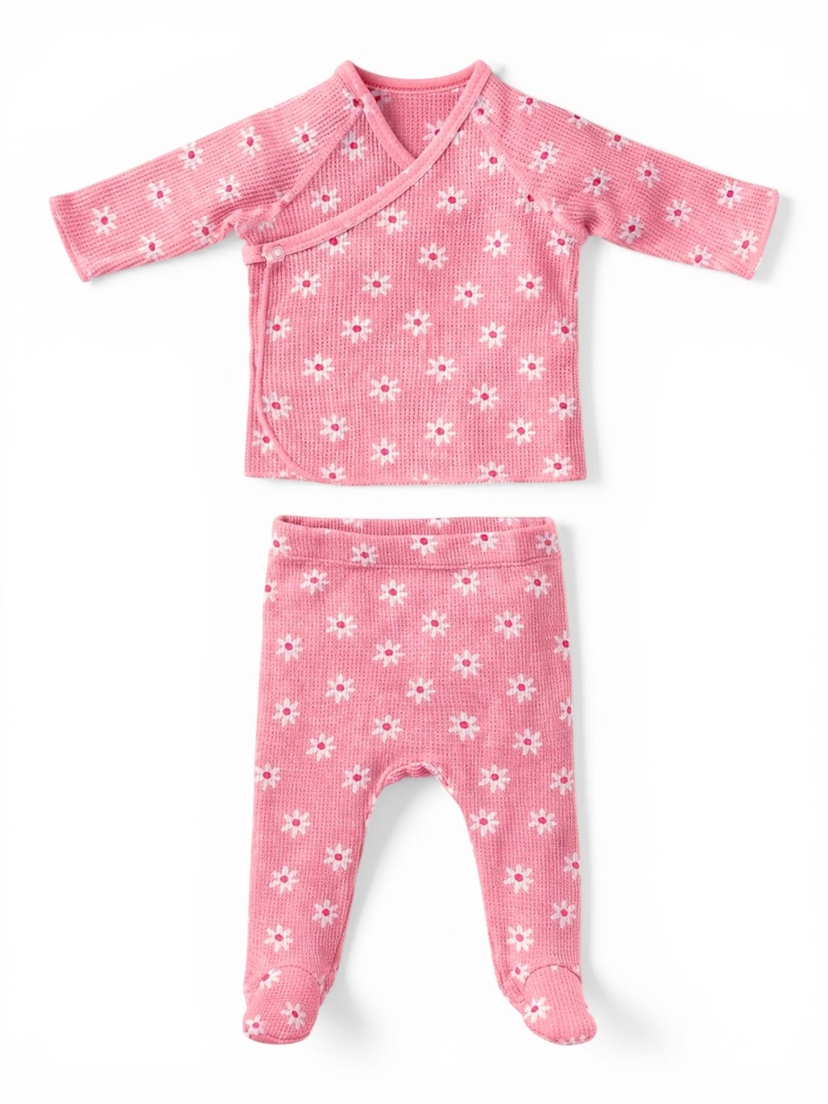 Pink baby outfit featuring a floral-patterned wrap top and matching footed pants.