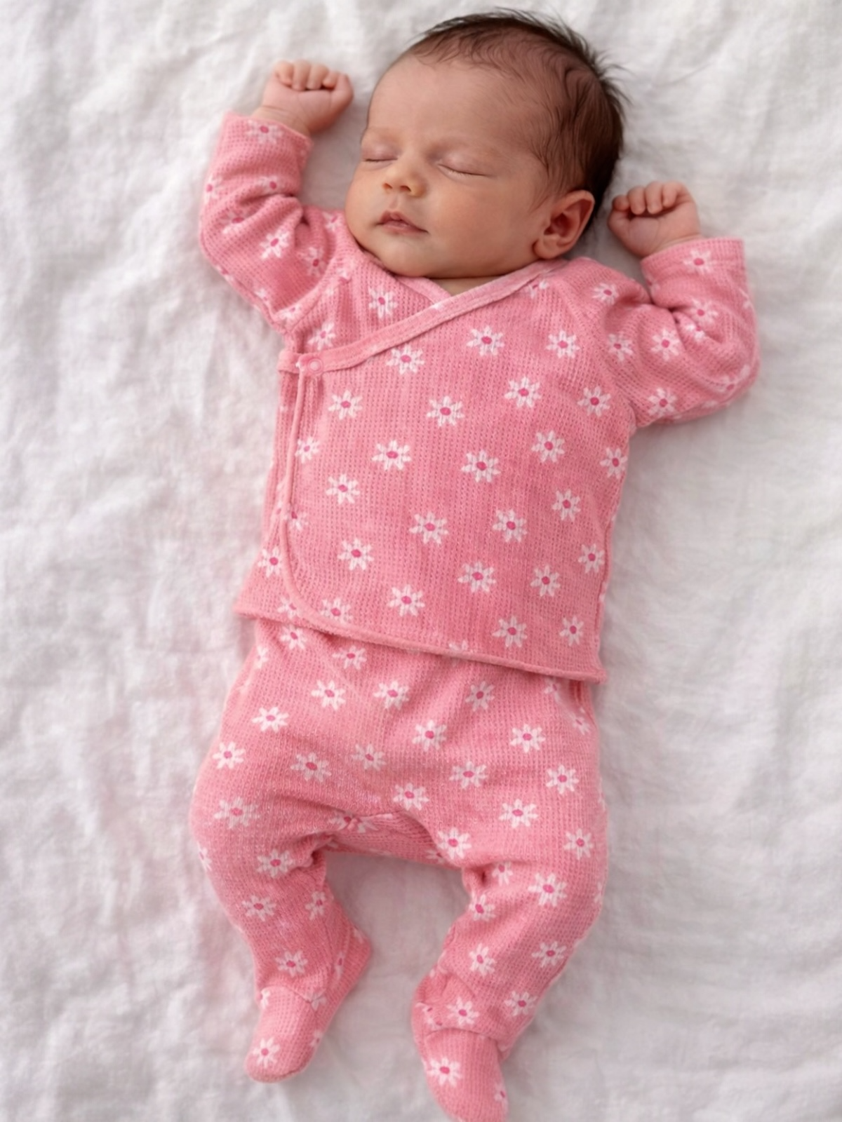 Sleeping baby in pink flower-patterned outfit on white blanket, with arms raised and peaceful expression.