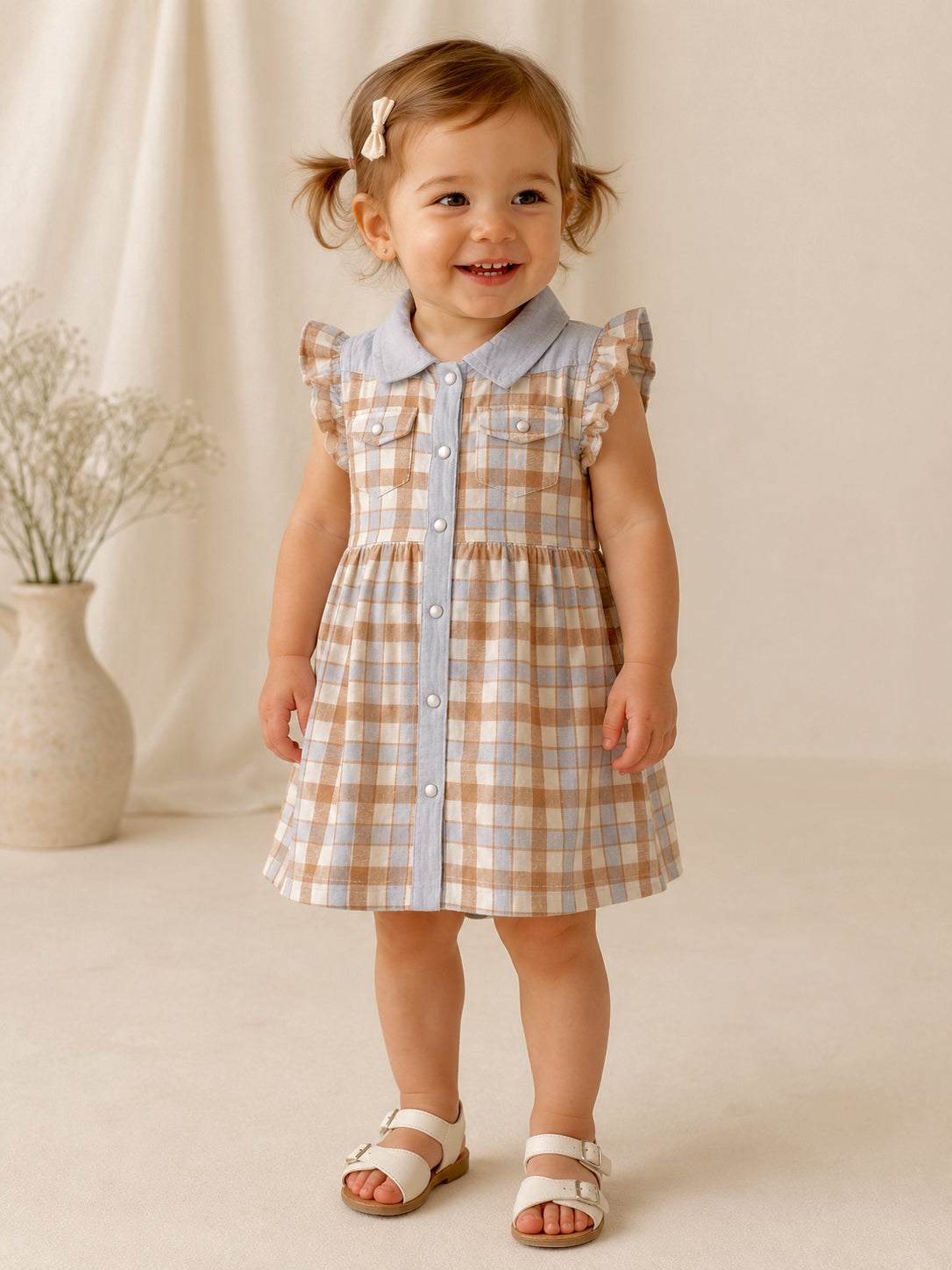 Smiling toddler in a plaid dress with a blue collar, wearing white sandals, against a soft background.