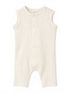 Light cream-colored baby romper with sleeveless design and front buttons, made from ribbed fabric.