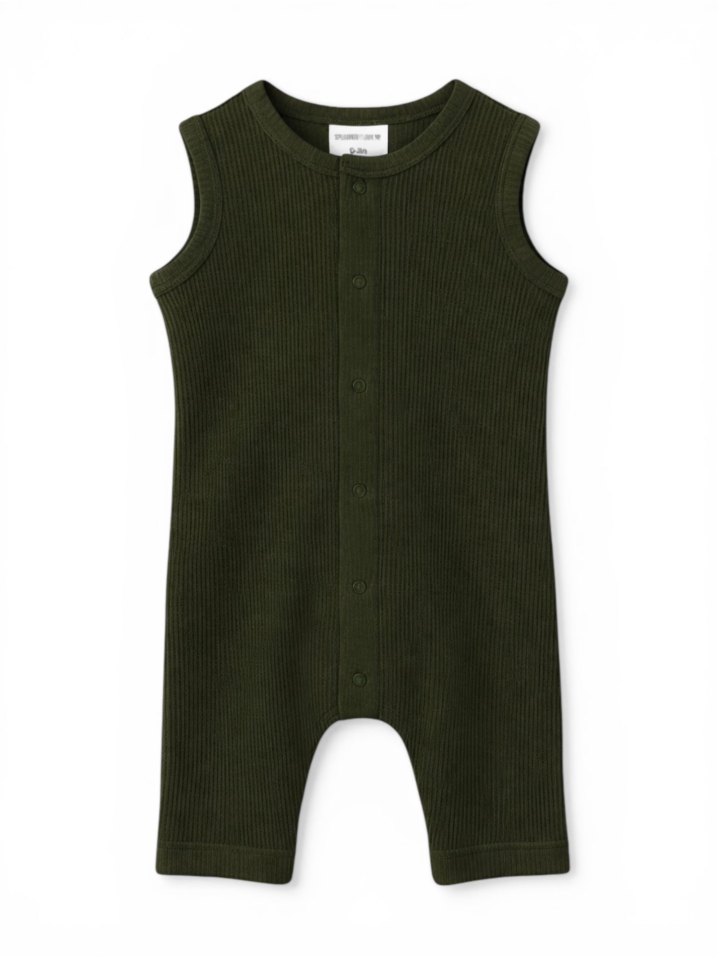 Green ribbed sleeveless romper with button closure, ideal for toddlers.