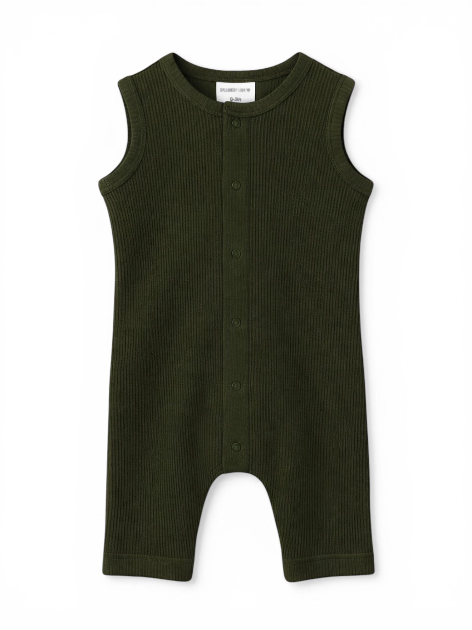 Green ribbed sleeveless romper with button closure, ideal for toddlers.