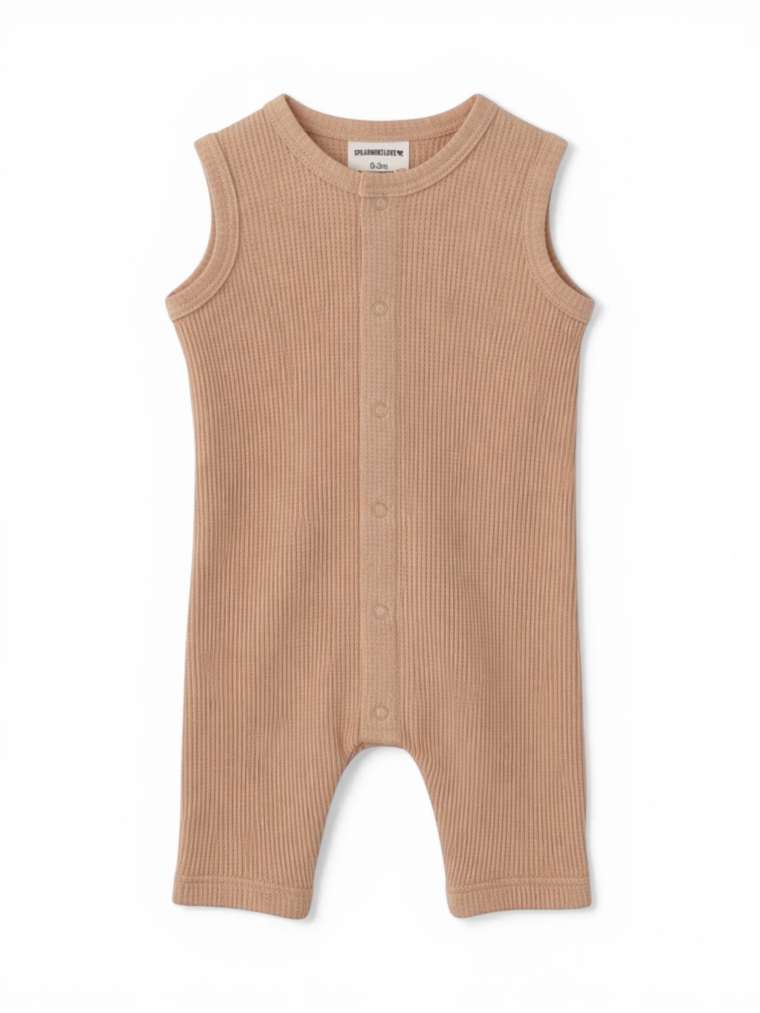 Tan ribbed baby romper with shoulder snaps and short legs, ideal for warm-weather outfits.